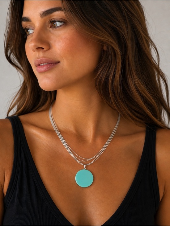 Jewelry - Silver Tone Necklace with Aqua Disc Pendant - Women Jewelry